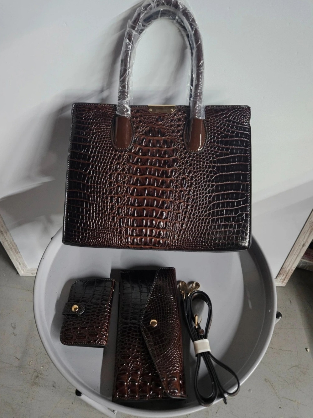 Croc-Embossed Dark Brown Satchel with Matching Accessories